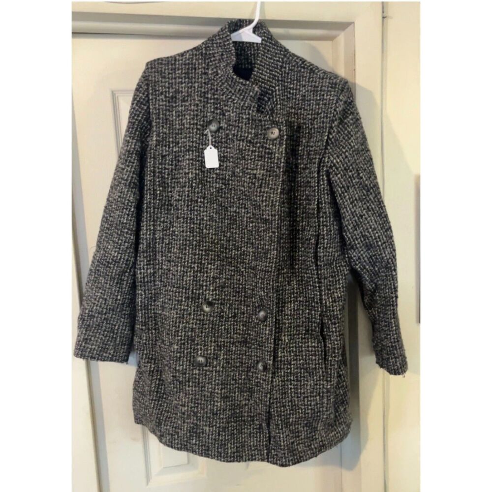 Vintage Bonders Wool Coat Womens Size L/XL Herringbone Black Button Front USA